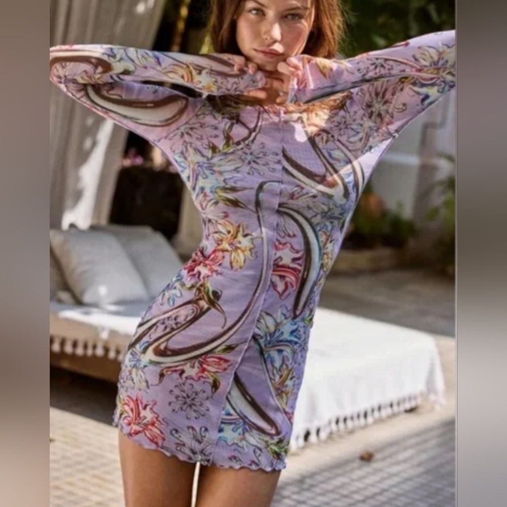 Agua Bendita Mini Dress L Lilac Mesh Silver Garden Drop Hadley Bodycon New $200